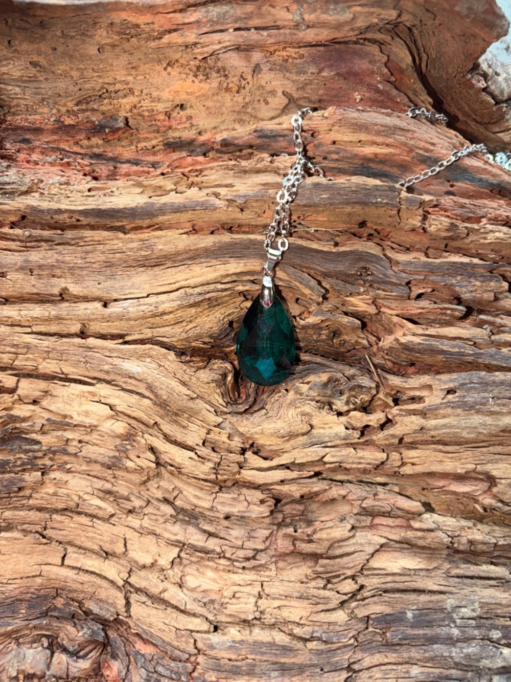 Emerald Teardrop Pendant Necklace - Silver Chain